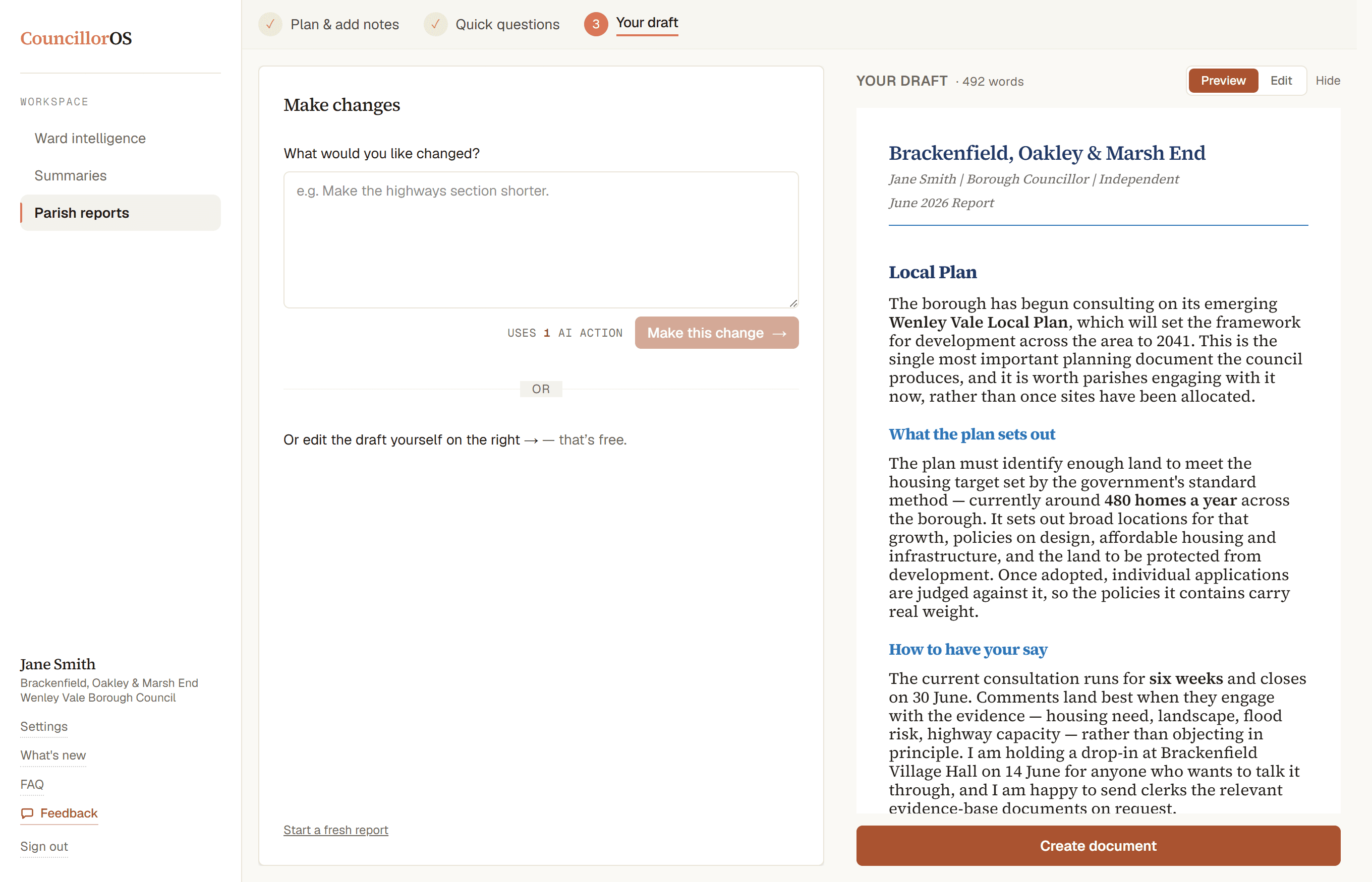 CouncillorOS parish reports: the draft-refinement workspace beside a live preview of the formatted monthly .docx report.