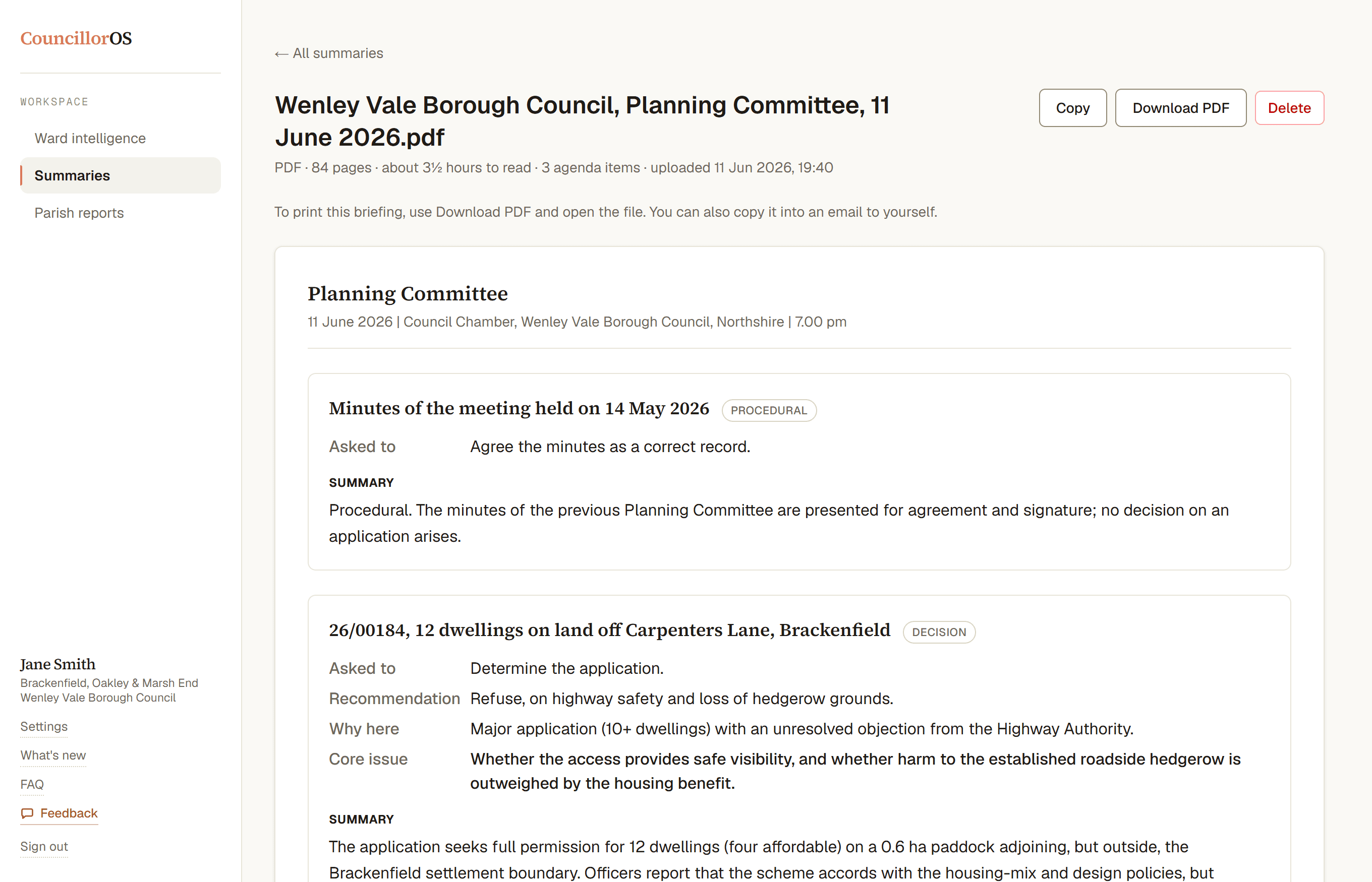 CouncillorOS committee-pack summary: a planning committee pack turned into a per-item briefing, each agenda item showing its category, the officer recommendation, the core issue, a neutral summary and the points to check.