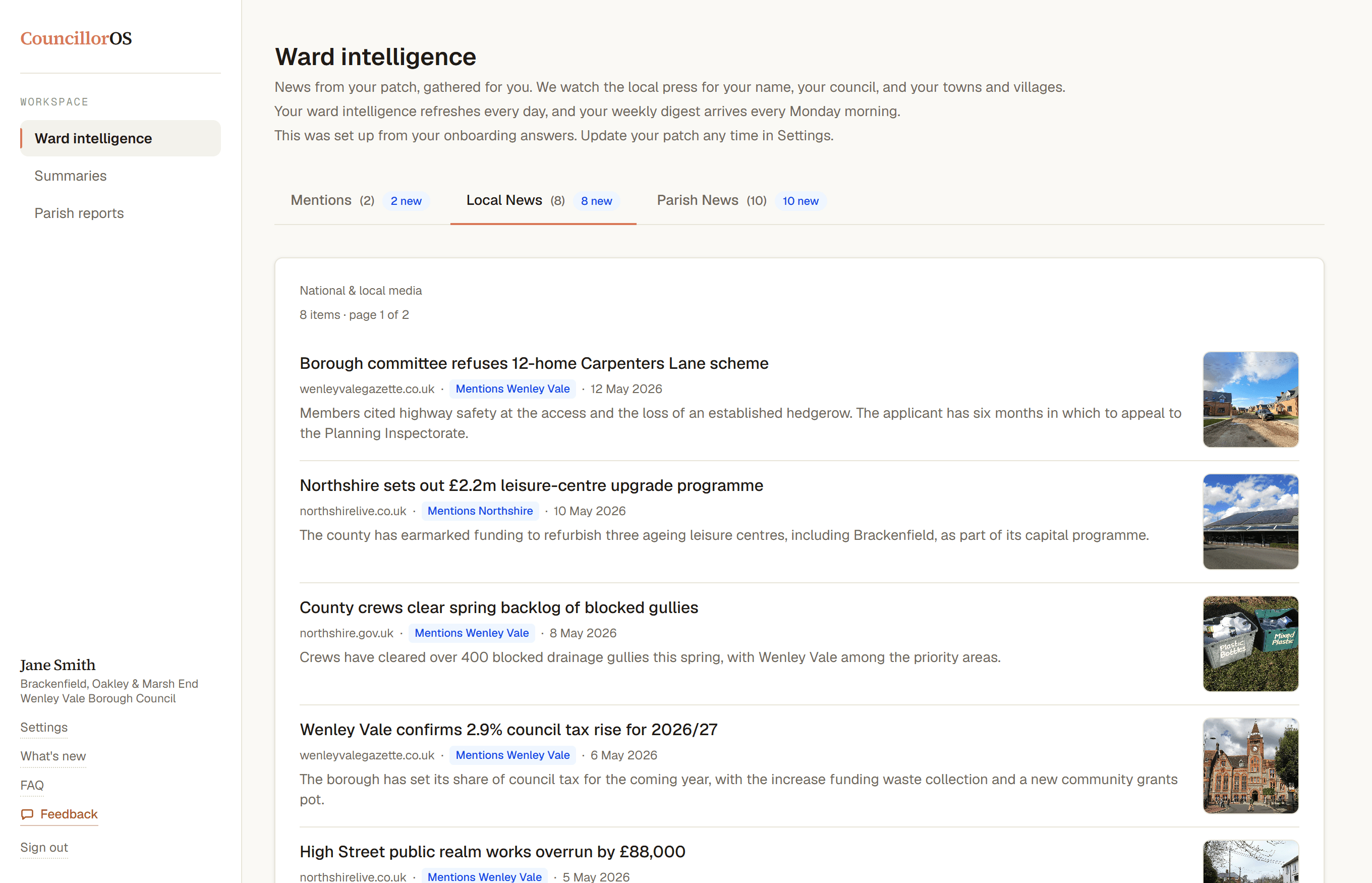 CouncillorOS ward intelligence: a feed of news about the councillor's area, grouped into mentions, local news and parish news, each with its source and date.